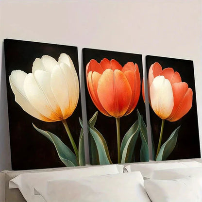 3pcs Vintage Tulips Earth Tones Flowery Wall Art Set Canvas Unframed - High Quality Print 100% Australian Made Wall Canvas