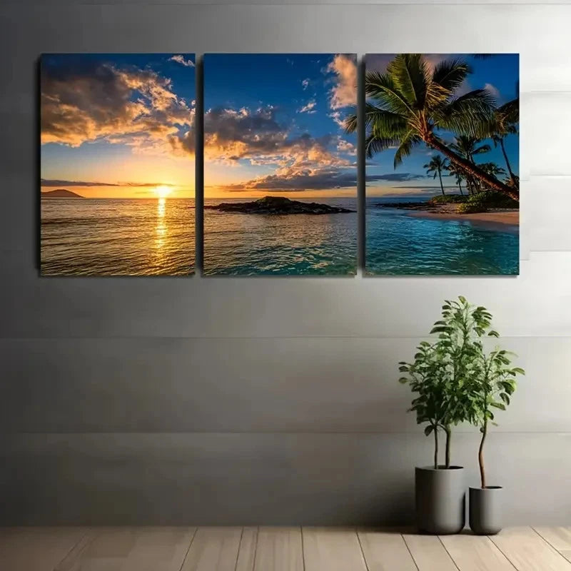 3pcs Sunset Over The Ocean with Palm Wall Art Set Canvas Framed 50x70cm - High Quality Print 100% Australian Made Wall Canvas Ready to Hang