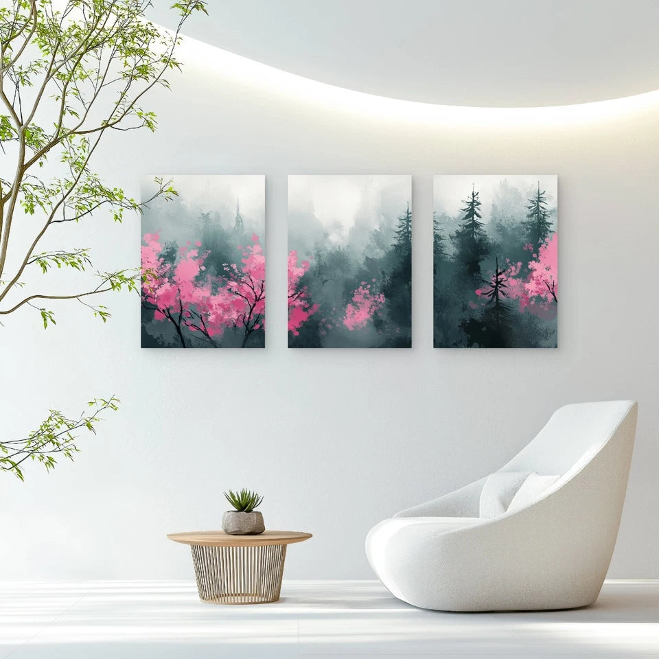 3pcs Pink Blossoms In The Misty Pines Wall Art Set Canvas Framed 60x90cm - High Quality Print 100% Australian Made Wall Canvas Ready to Hang - Bella Home Decor