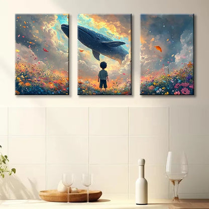 3pcs Fields, girls, whales Illustration Wall Art Set Canvas Framed 50x70cm - High Quality Print 100% Australian Made Wall Canvas Ready to Hang