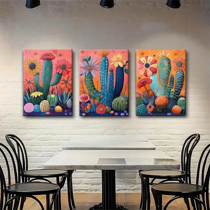 3pcs Vibrant Cactus Desert Botanical Perfect Wall Art Set Canvas Framed 50x70cm - High Quality Print 100% Australian Made Wall Canvas Ready to Hang - Bella Home Decor
