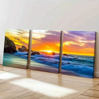 3pcs Vibrant Colorful Sunset Seaside Beach Wall Art Set Canvas Framed 50x70cm - High Quality Print 100% Australian Made Wall Canvas Ready to Hang - Bella Home Decor