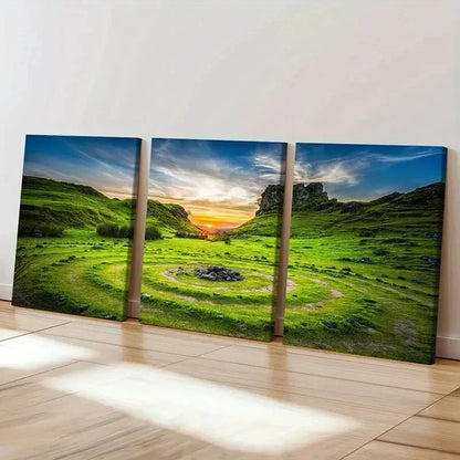 3pcs Green Grass Sunset Scenery Natural Wall Art Set Canvas Framed 60x90cm - High Quality Print 100% Australian Made Wall Canvas Ready to Hang