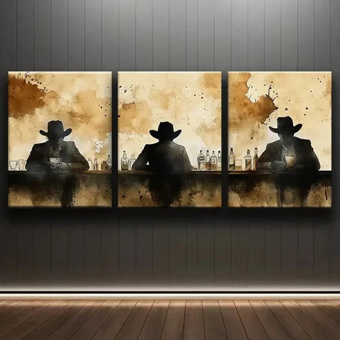 3pcs Silhouettes at Bar Design Alone Darkness Wall Art Set Canvas Unframed - High Quality Print 100% Australian Made Wall Canvas