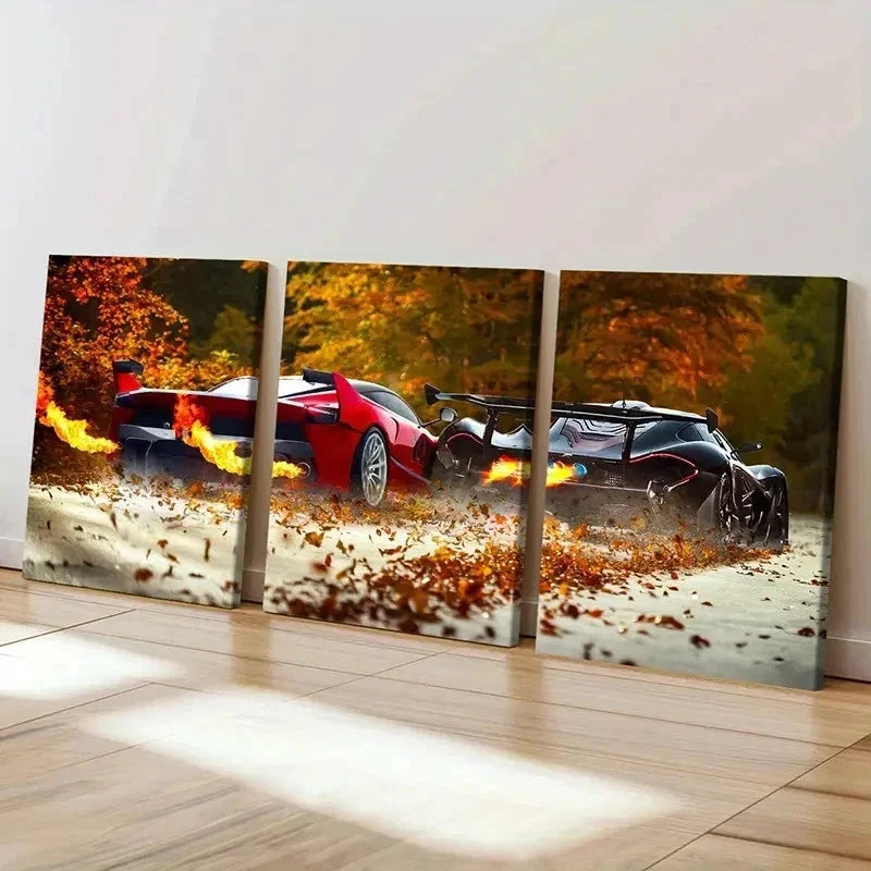 3pcs Car Racing Scene with Autumn Leaves Wall Art Set Canvas Framed 40x60cm - High Quality Print 100% Australian Made Wall Canvas Ready to Hang