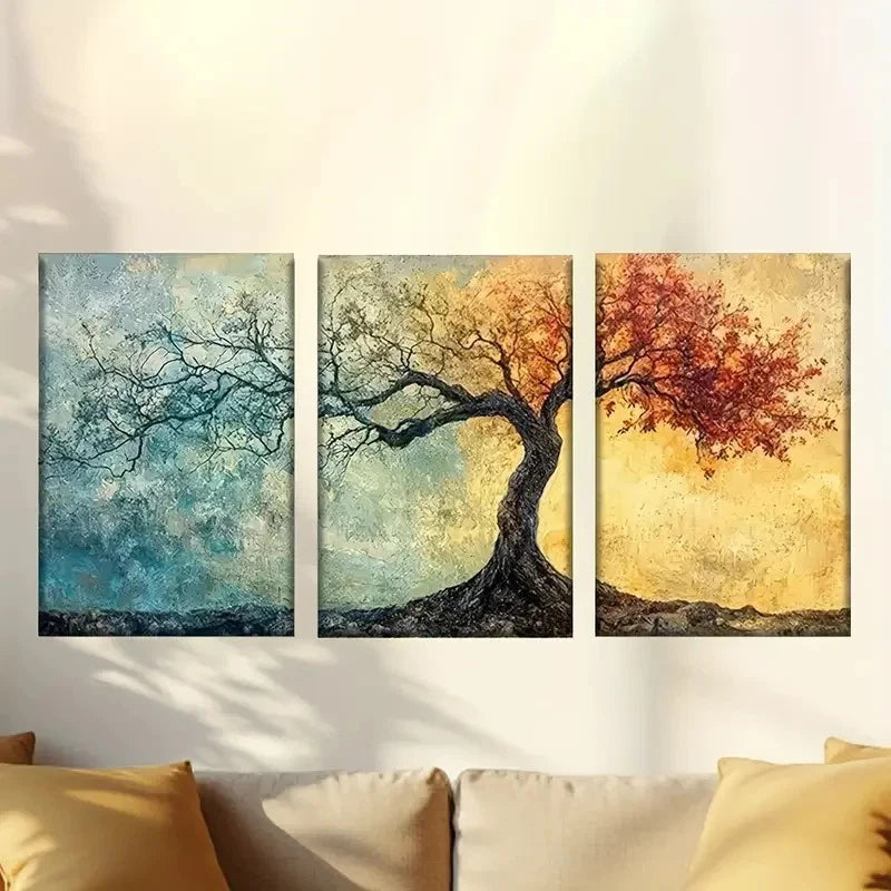 3pcs a painting of a tree with red leaves Wall Art Set Canvas Framed 50x70cm - High Quality Print 100% Australian Made Wall Canvas Ready to Hang - Bella Home Decor