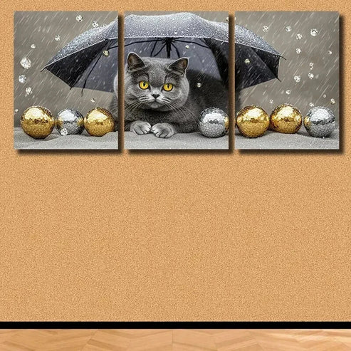 3pcs Charming Grey Cat Under Rain Wall Art Canvas Unframed – High Quality Print 100% Australian Made Wall Canvas - Bella Home Decor