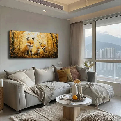 The Golden Woods Three Foxes Wall Art Canvas Office Home Room Framed 120x60cm