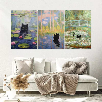 3pcs Black Cats Monet Painting Wall Art Set Canvas Framed 50x70cm – High Quality Print 100% Australian Made Wall Canvas Ready to Hang - Bella Home Decor