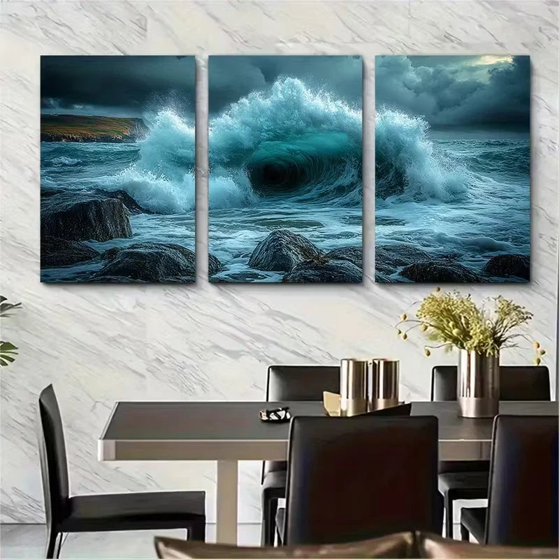 3pcs Stormy Waves Crashing Into Rocks Metal Print Ready to Hang Art