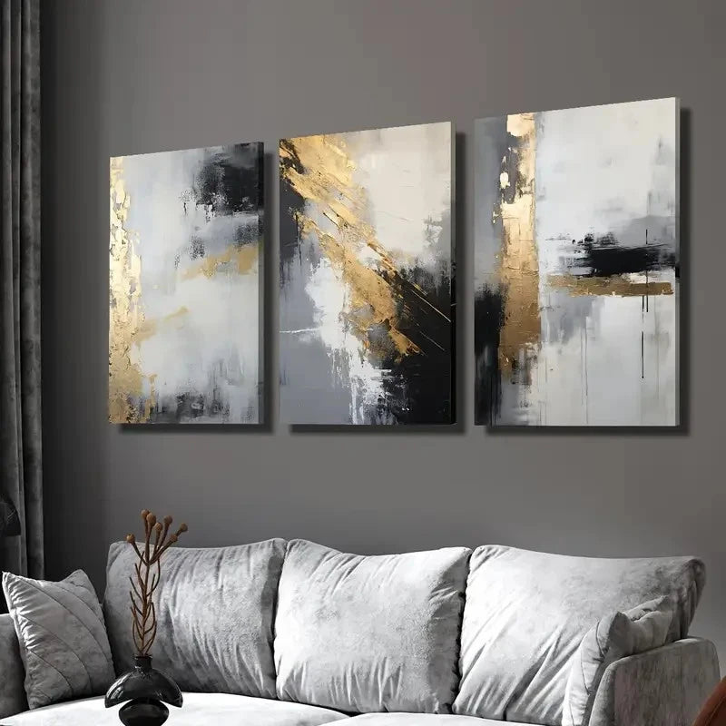 3pcs Golden Black Abstract Oil Painting Wall Art Set Canvas Framed 60x90cm - High Quality Print 100% Australian Made Wall Canvas Ready to Hang
