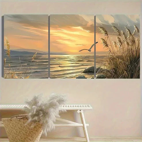3pcs Seaside Sunset Landscape Wall Art Set Canvas Unframed - High Quality Print 100% Australian Made Wall Canvas - Bella Home Decor