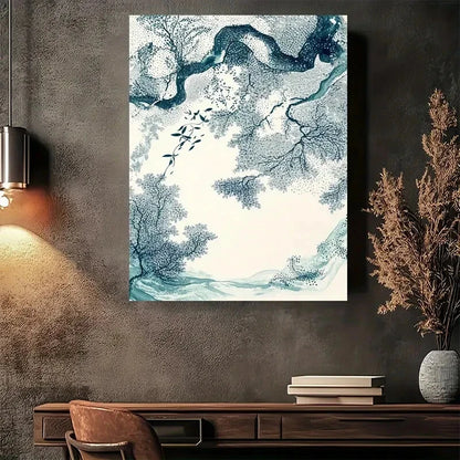 Beautiful Blue Ink Tree Landscape Vintage Painting 40x60cm Metal Print Ready to Hang - Bella Home Decor