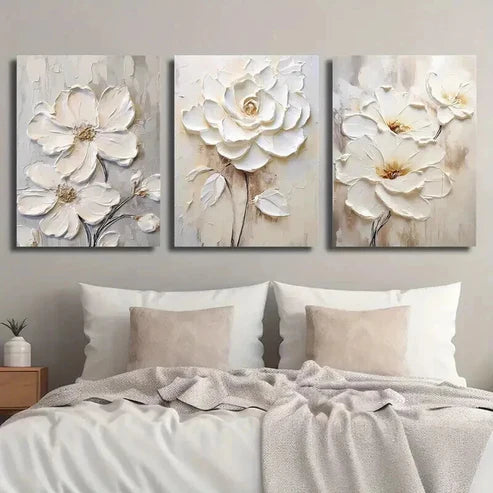 3pcs White Textured Flower Painting  Wall Art Set Canvas Unframed - High Quality Print 100% Australian Made Wall Canvas