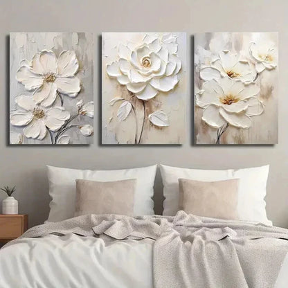 3pcs White Textured Flower Painting  Wall Art Set Canvas Unframed - High Quality Print 100% Australian Made Wall Canvas
