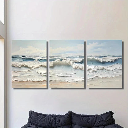 3pcs Sea Waves Beach Blue Sky White Clouds Metal Print Ready to Hang Art