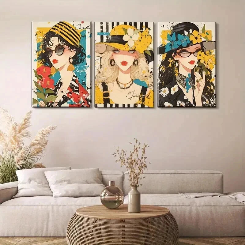 3pcs Women with Hats & Glasses Vibrant Perfect Wall Art Set Canvas Framed 60x90cm - High Quality Print 100% Australian Made Wall Canvas Ready to Hang - Bella Home Decor