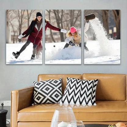 3pcs People Playing In The Snow Artwork Wall Art Set Canvas Framed 50x70cm - High Quality Print 100% Australian Made Wall Canvas Ready to Hang