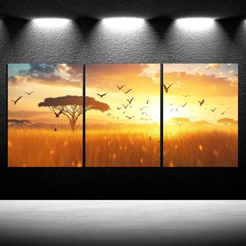 3pcs Flying Bird Sunrise Trees Metal Print Ready to Hang Art - Bella Home Decor
