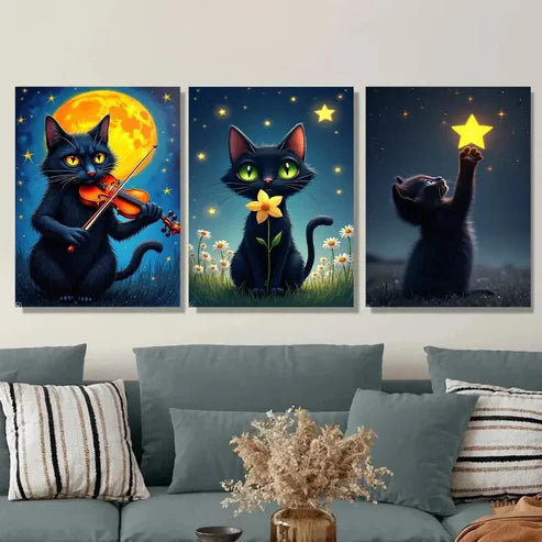 3pcs Charming Black Cat Triptych Moonlit Night Wall Art Set Canvas Unframed - High Quality Print 100% Australian Made Wall Canvas - Bella Home Decor