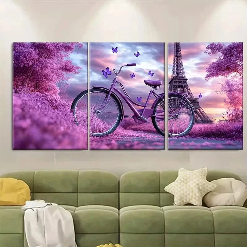 3pcs Bike with Lavender Butterflies by Eiffel Wall Art Set Canvas Framed 40x60cm – High Quality Print 100% Australian Made Wall Canvas Ready to Hang - Bella Home Decor