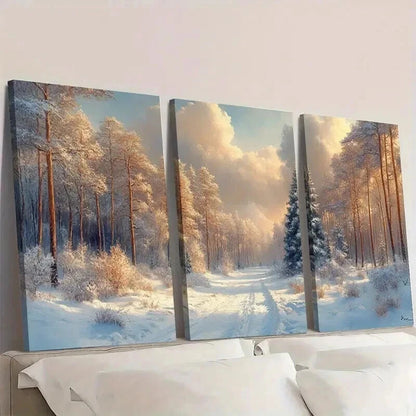 3pcs Vintage Winter Forest Painting Wall Art Set Canvas Framed 60x90cm - High Quality Print 100% Australian Made Wall Canvas Ready to Hang - Bella Home Decor
