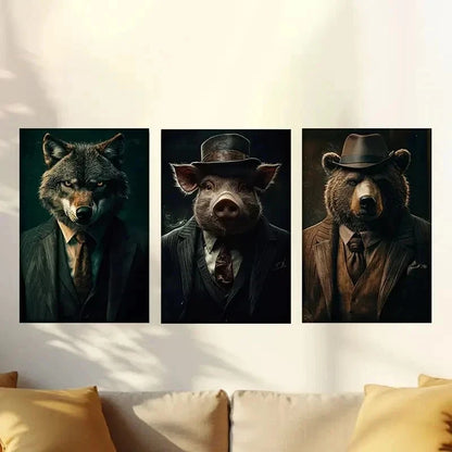 3pcs Business Suit Gentleman Animal Wall Art Set Canvas Framed 40x60cm - High Quality Print 100% Australian Made Wall Canvas Ready to Hang - Bella Home Decor