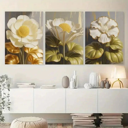 3pcs  White Flowers, Golden Leaves    Wall Art Set Canvas Framed 40x60cm - High Quality Print 100% Australian Made Wall Canvas Ready to Hang - Bella Home Decor