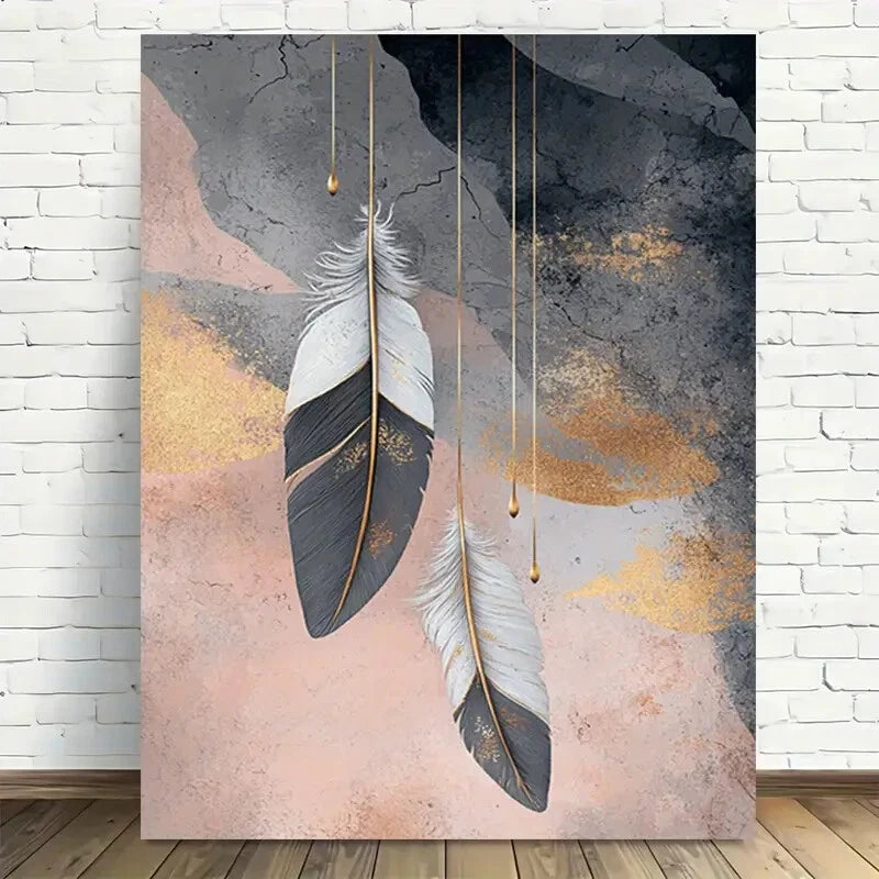Beautiful Golden Feathers Abstract Painting 40x60cm Metal Print Ready to Hang - Bella Home Decor