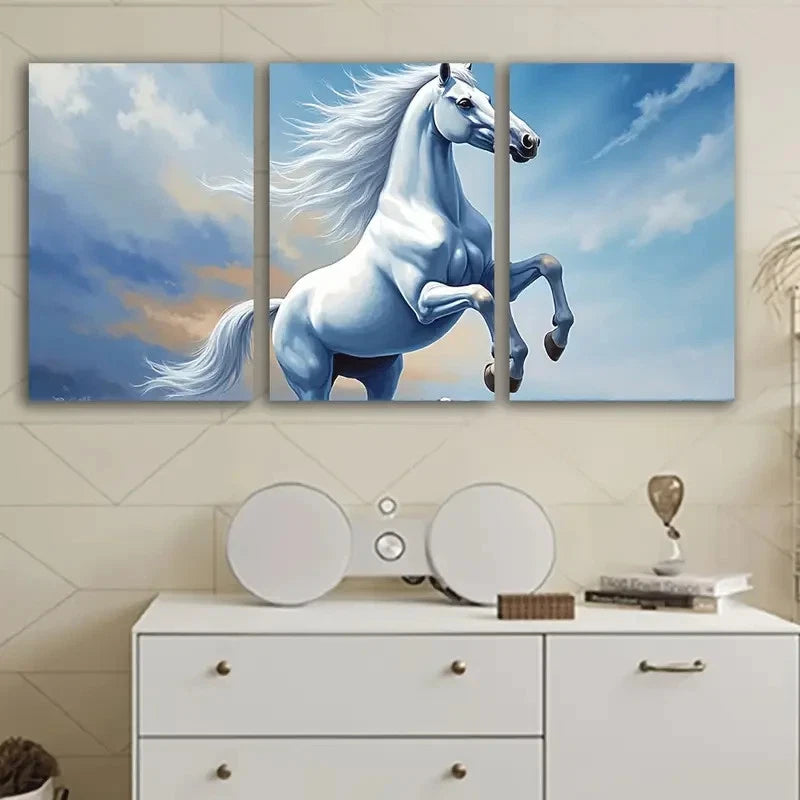 3pcs White Horse Running Abstract Art Wall Art Set Canvas Framed 50x70cm - High Quality Print 100% Australian Made Wall Canvas Ready to Hang
