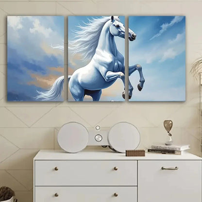 3pcs White Horse Running Abstract Art Wall Art Set Canvas Framed 50x70cm - High Quality Print 100% Australian Made Wall Canvas Ready to Hang