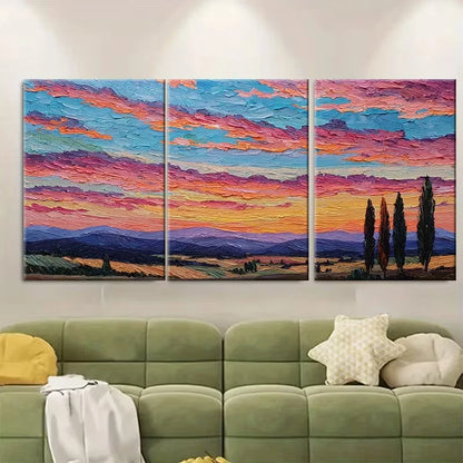 3pcs Sunrise Impasto Landscape Art Metal Print Ready to Hang Art - Bella Home Decor