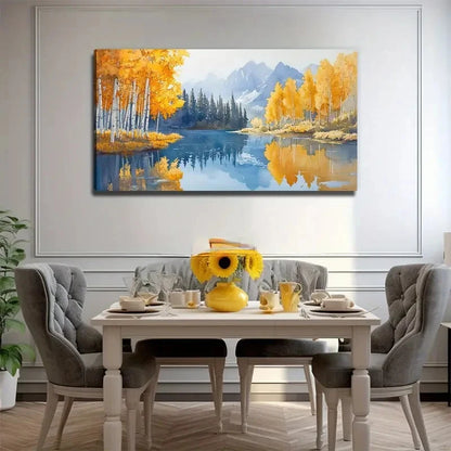 Autumn Lake Yellow Forest Wall Art Canvas Office Home Room Framed 120x60cm