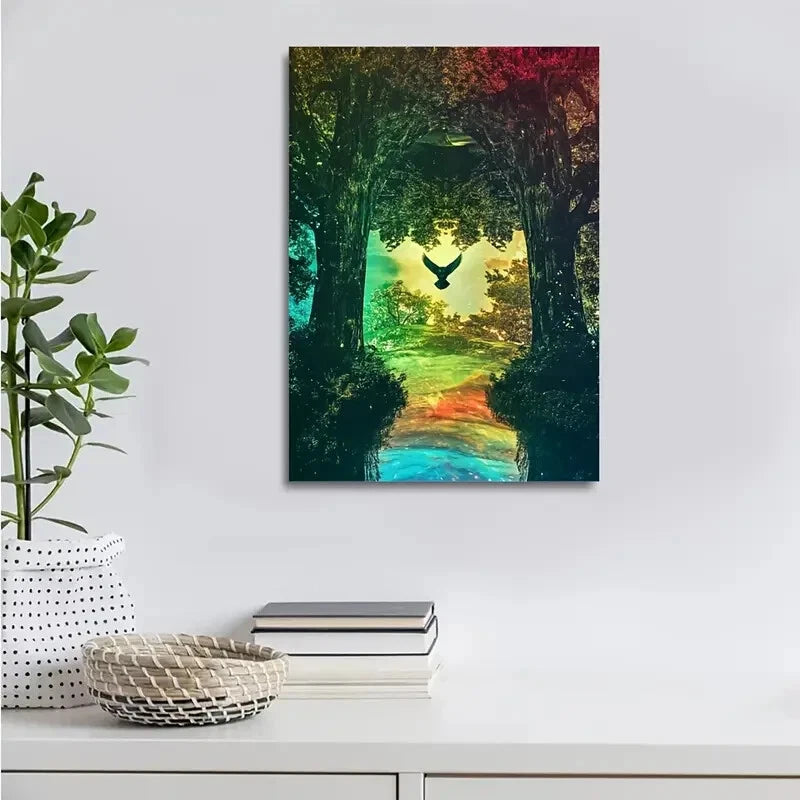 Vibrant Owl in Mid Flight Lush Green Painting 40x60cm Metal Print Ready to Hang