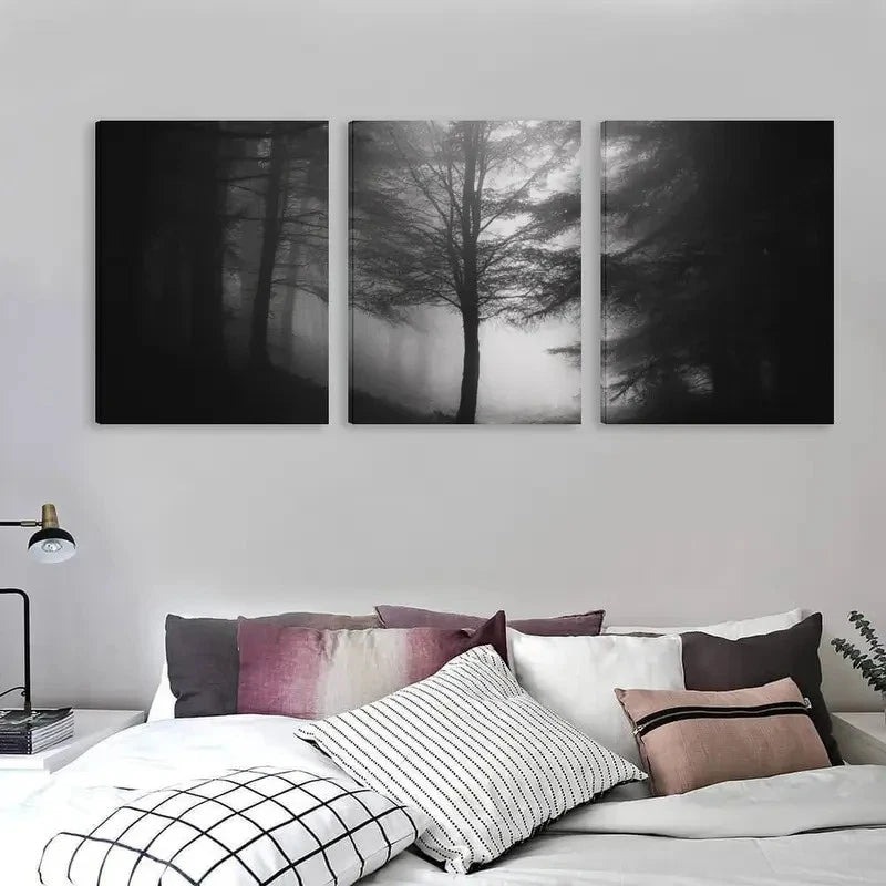 3pcs Black & White Forest Foggy Tree Landscape Wall Art Set Canvas Framed 60x90cm - High Quality Print 100% Australian Made Wall Canvas Ready to Hang - Bella Home Decor