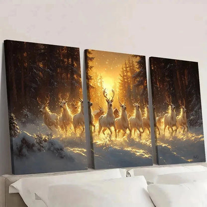 3pcs Charming Winter Village with Snow Deer Wall Art Set Canvas Framed 50x70cm - High Quality Print 100% Australian Made Wall Canvas Ready to Hang - Bella Home Decor