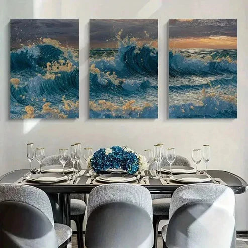 3pcs Ocean Waves in Blue & Golden Wall Art Canvas Unframed - High Quality Print 100% Australian Made Wall Canvas