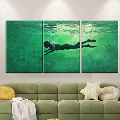 3pcs Swimming In Green Abstract Painting, Metal Print Ready to Hang Art