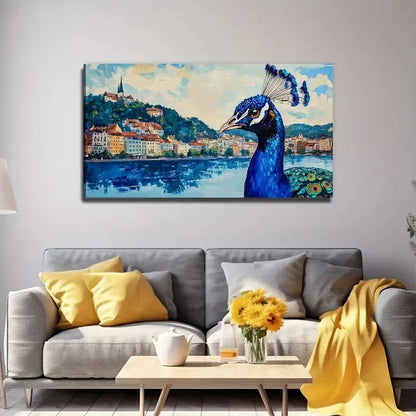 Peacock And City Suitable Wall Art Canvas Office Home Room Framed 120x60cm