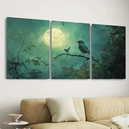 3pcs Vintage Nightingale on Moonlit Branch Wall Art Set Canvas Framed 60x90cm - High Quality Print 100% Australian Made Wall Canvas Ready to Hang - Bella Home Decor