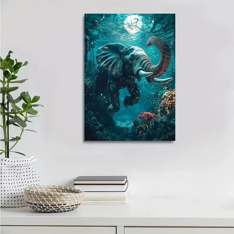 Steampunk Elephant in Coral Reef Underwater Painting 40x60cm Metal Print Ready to Hang - Bella Home Decor