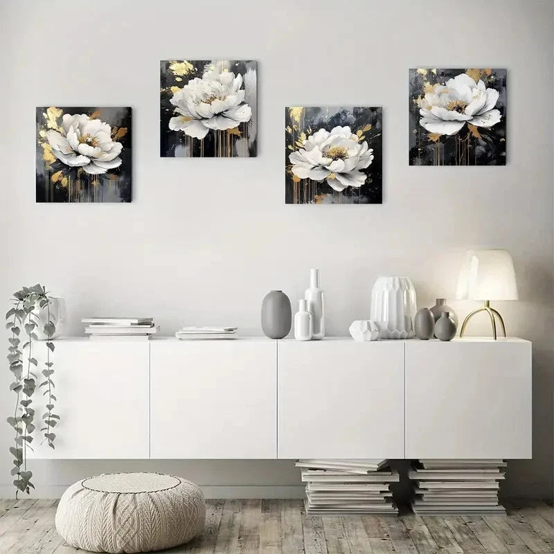 4pcs Elegant White Peony Wall Art Canvas Framed
