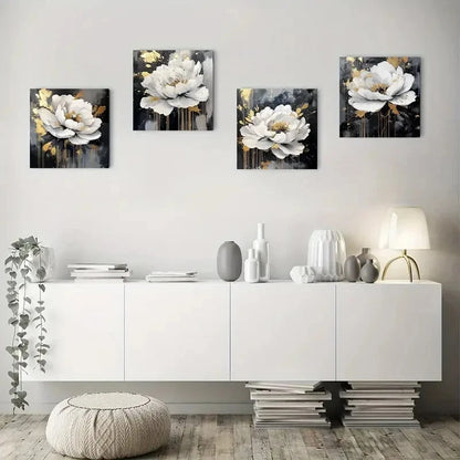4pcs Elegant White Peony Wall Art Canvas Framed