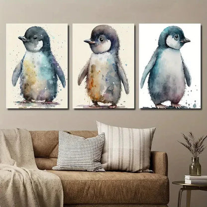3pcs Colorful Cartoon Animal Penguin Decor Wall Art Set Canvas Unframed - High Quality Print 100% Australian Made Wall Canvas - Bella Home Decor