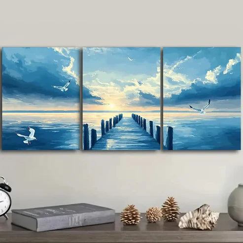 3pcs Seagulls Over Harbor Wall Art Set Canvas Unframed - High Quality Print 100% Australian Made Wall Canvas - Bella Home Decor