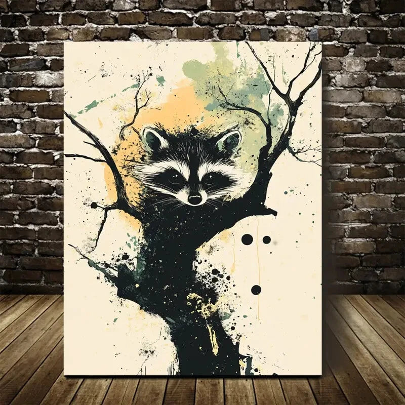 Abstract Raccoon in Tree Design Painting 40x60cm Metal Print Ready to Hang - Bella Home Decor