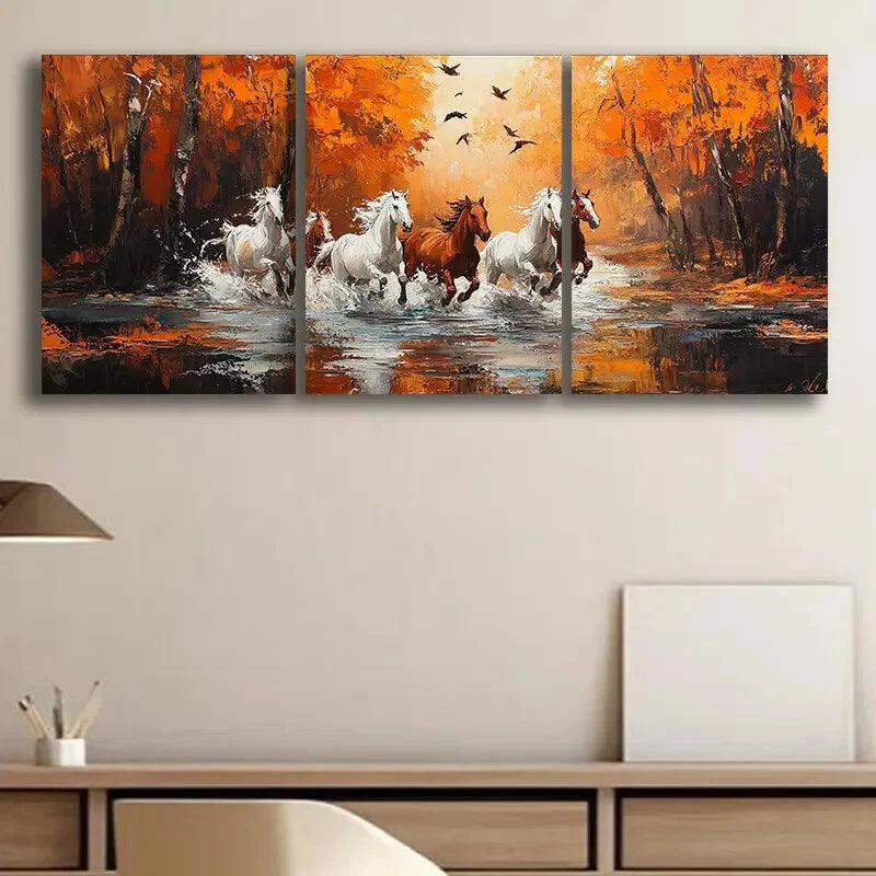 3pcs Running Horses Themed Oil Painting Metal Print Ready to Hang Art - Bella Home Decor