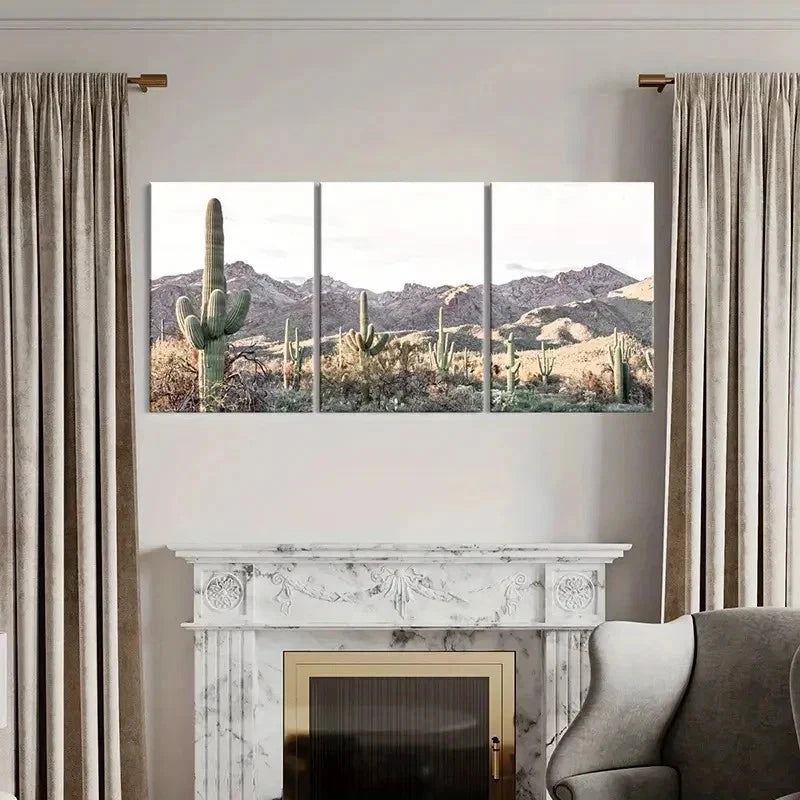 3pcs Desert Art Painting Mountains & Cacti Wall Art Set Canvas Framed 50x70cm - High Quality Print 100% Australian Made Wall Canvas Ready to Hang - Bella Home Decor