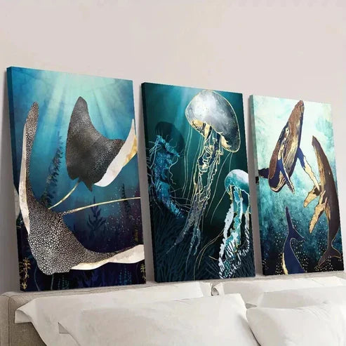 3pcs Whale Octopus Jellyfish Marine Life Wall Art Set Canvas Unframed - High Quality Print 100% Australian Made Wall Canvas
