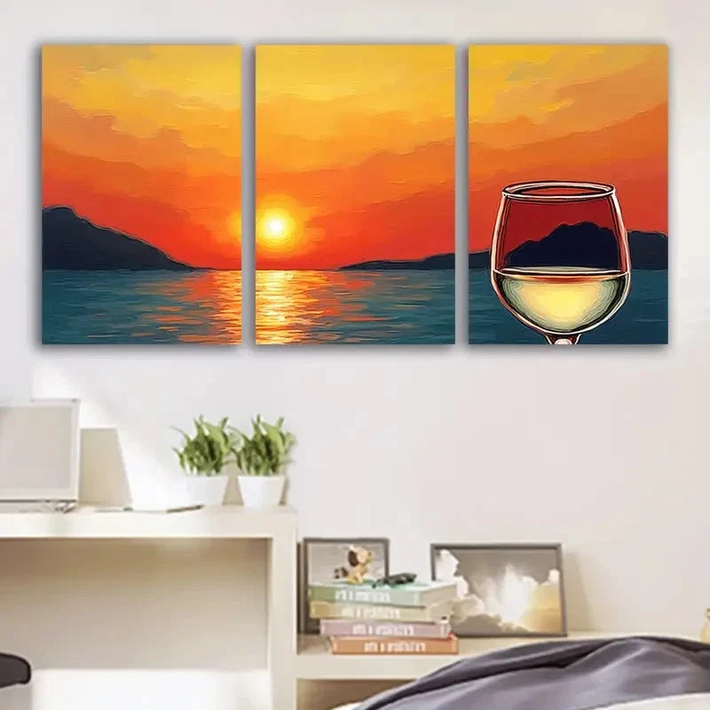 3pcs Sunset Table and Ocean View Scene Wall Art Set Canvas Framed 50x70cm - High Quality Print 100% Australian Made Wall Canvas Ready to Hang